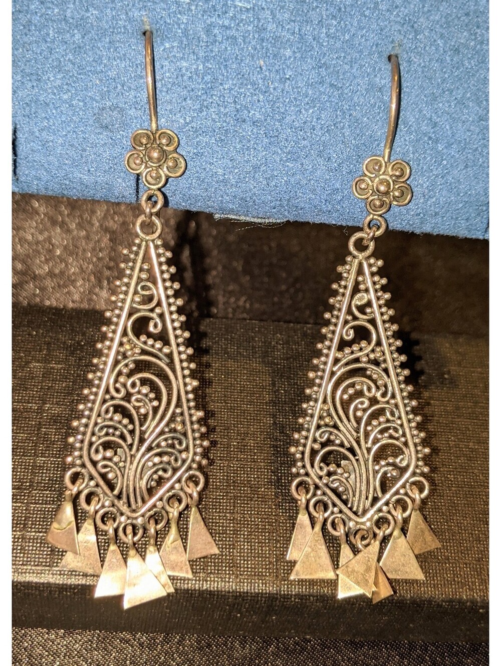 Vtg Artisan Made 925 Sterling Silver Ornate Filigree Dangle Earrings 2.5" 5.88g - Picture 2 of 6